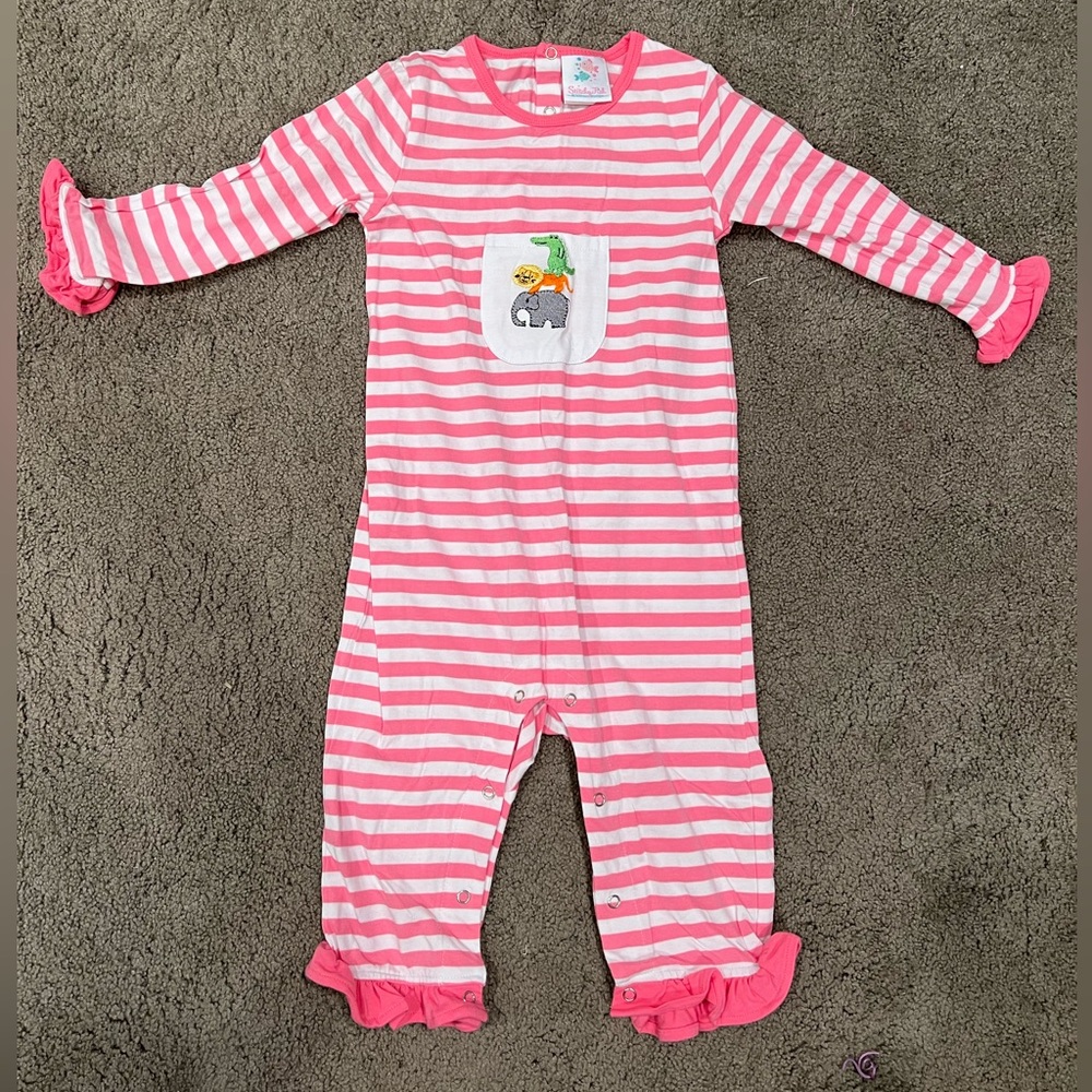 Stitchy Fish Pink and White Striped Zoo Romper